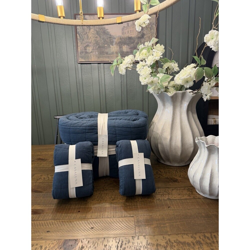 BUNDLE DEAL King Linen Blend Quilt & Shams Dark Mineral Blue - Casaluna NEW